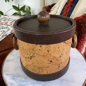 Vintage Elmar Ice Bucket Brown Vinyl Cork Faux Leather Body Teak Knob Handles
